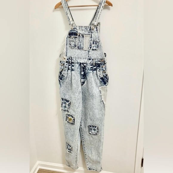Vintage Kansas Acid Washed Barrel Leg Patchwork Denim Overalls 33 - Women’s 6/8 - Picture 1 of 13